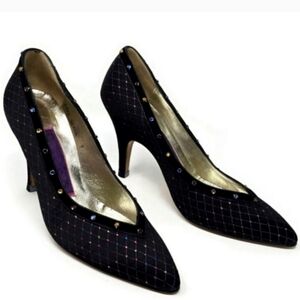 Vintage 80's Susan Bennis Warren Edwards Satin Rhinestone Jewel Pump 9